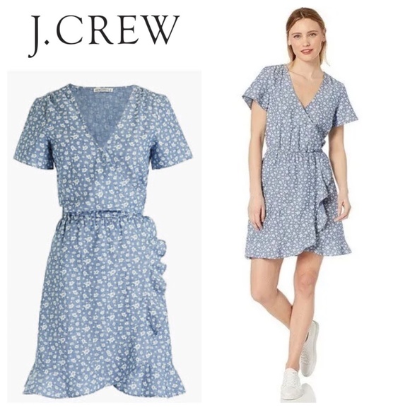 J. Crew Dresses & Skirts - J Crew Sz Small 4 6 Dress Shirtdress Chambray Floral Ruffle Blue Faux Wrap